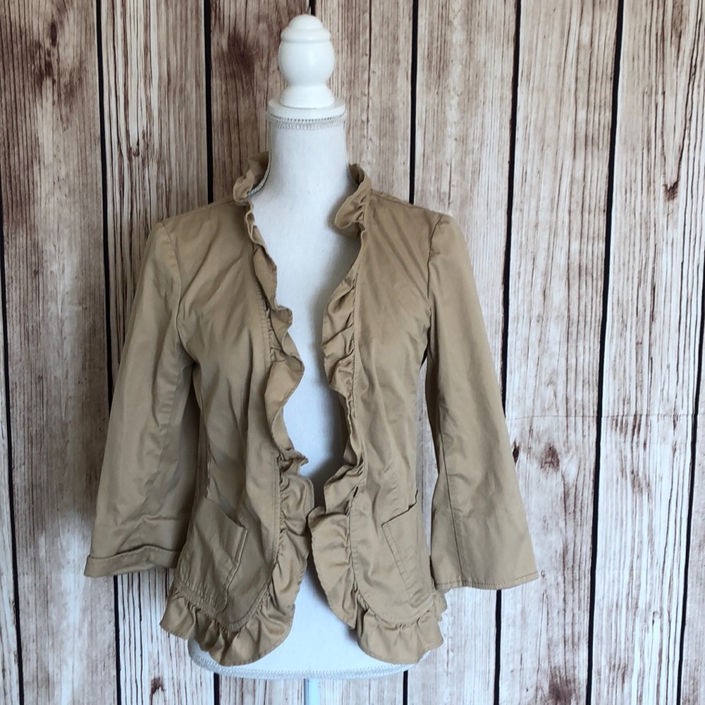 Talbots Tan Frilled Ruffle Collar Neckline Open Front Cardigan Jacket Sz 6